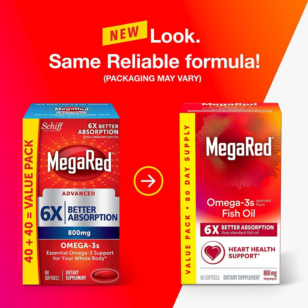 MegaRed Omega-3s Fish Oil Heart Health Support Dietary Supplement 800mg 80 Softgels