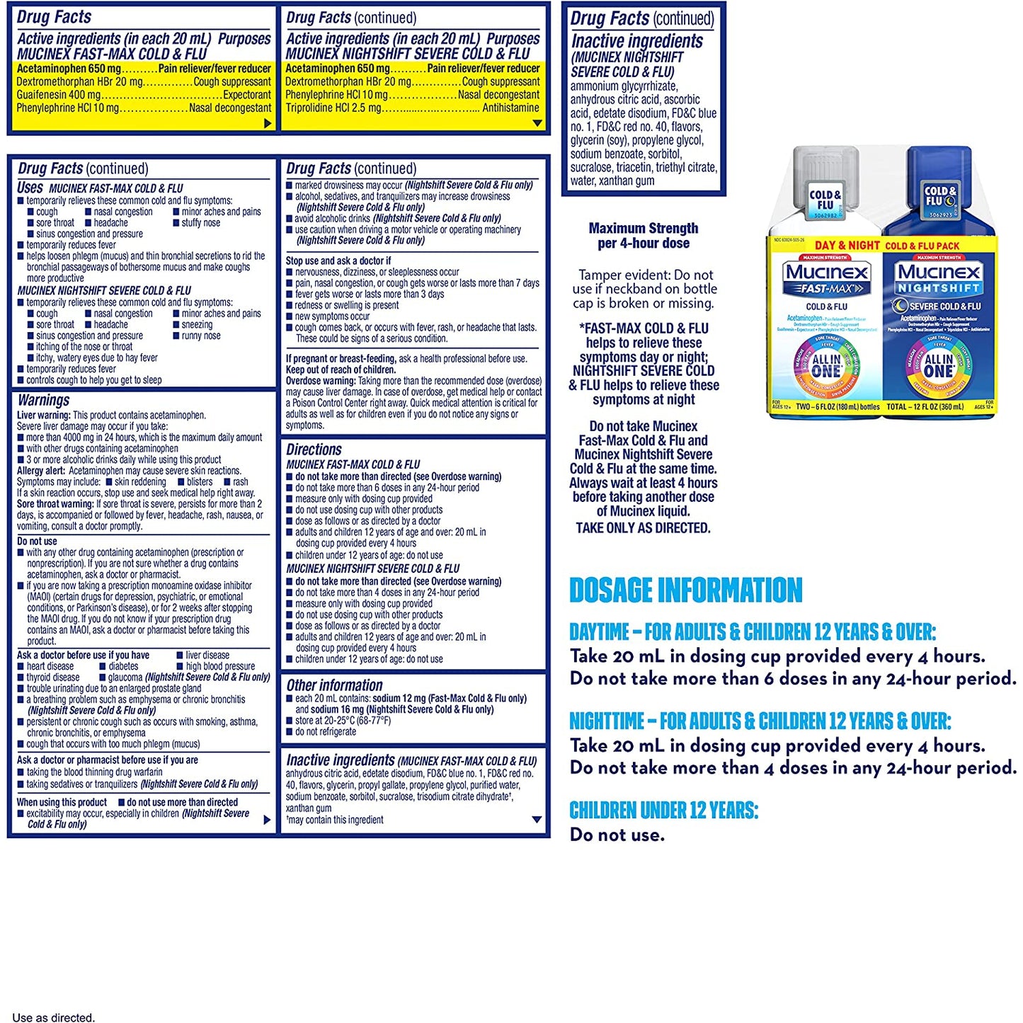 Mucinex Maximum Strength Fast-Max Cold & Flu And Nightshift All In One Relief Liquid - 180ml Each
