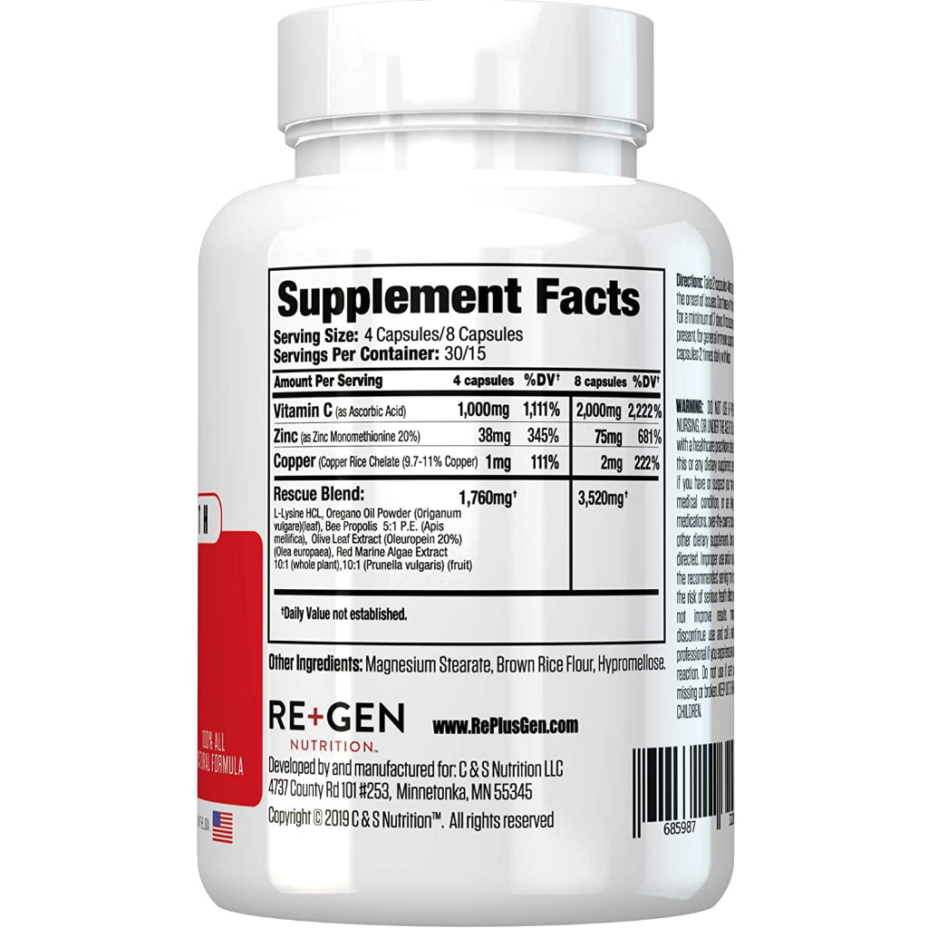 EXP 09/2025 Re+Gen Nutrition H Rescue Immune Support Formula With Olive leaf & Red Marine Algae 120 Capsules