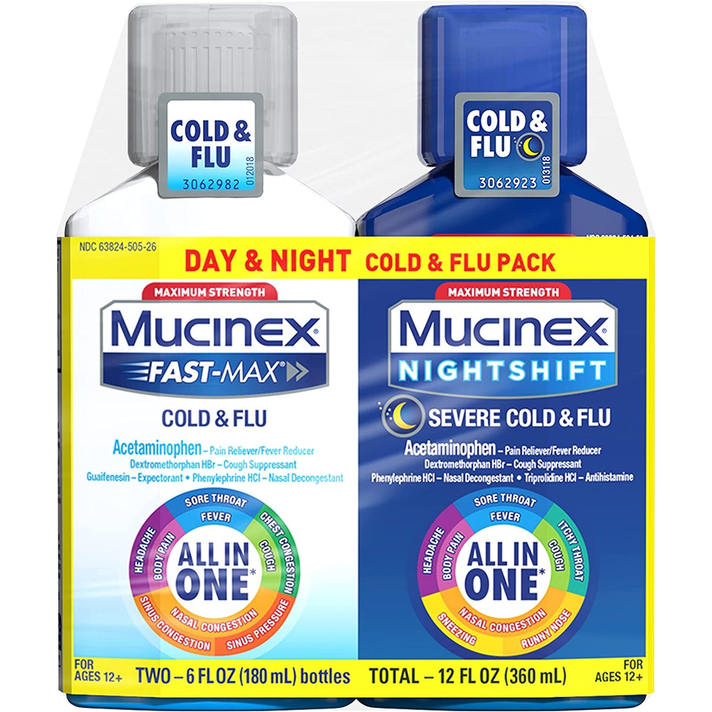 Mucinex Maximum Strength Fast-Max Cold & Flu And Nightshift All In One Relief Liquid - 180ml Each