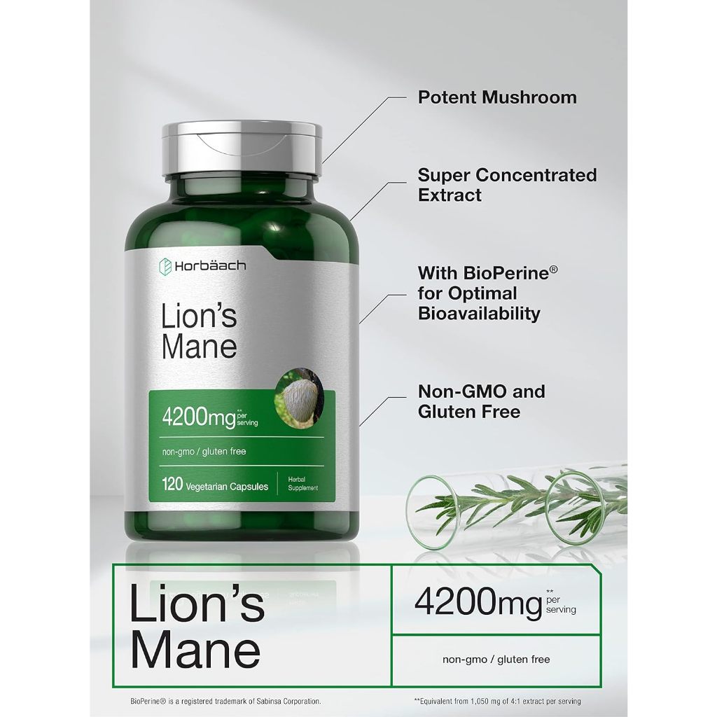 Horbaach Lions Mane Mushroom Extract 4200mg Herbal Supplement 120  Vegetarian Capsules