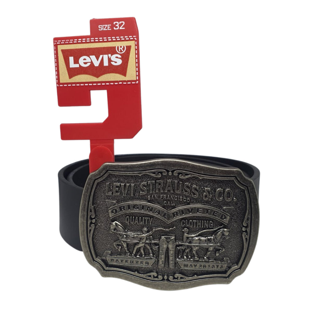 Levi's Men's Leather Belt With Plaque Buckle - Midnight Black - Small (Size: 30" - 32")