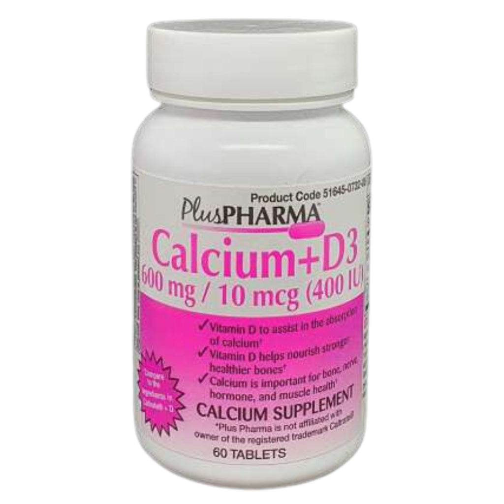 PlusPHARMA Calcium + D3 600mg / 10mcg (400 iu) Calcium Supplement - 60 Tablets