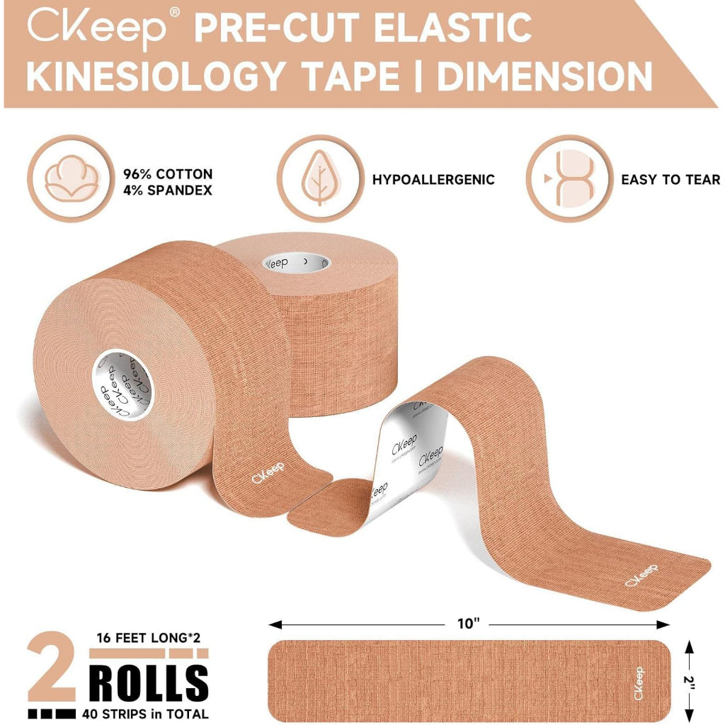 CKeep Kinesiology Tape Elastic Sports Tape 2" x 16ft / 5cm x 5cm - 2 Rolls Per Pack (Beige)