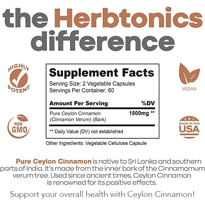 HerbTonics Pure Ceylon Cinnamon Max Strength 1500 mg Joint Support & Mobility 120 Vegecaps