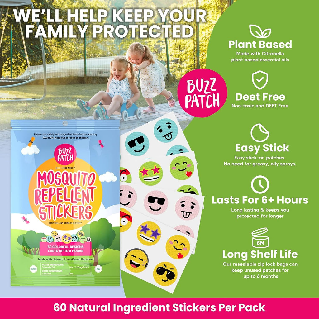 BuzzPatch Kid-Friendly Mosquito Repellent Stickers 60 Colorful Designs