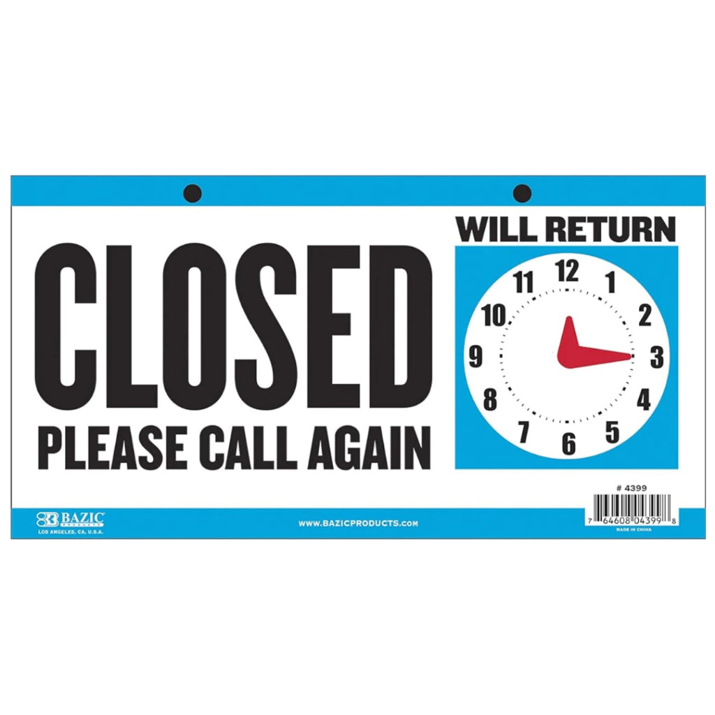 Bazic Products Double Sided Open/Close Sign With Clock Hands 6 x 11.5 inch, Blue