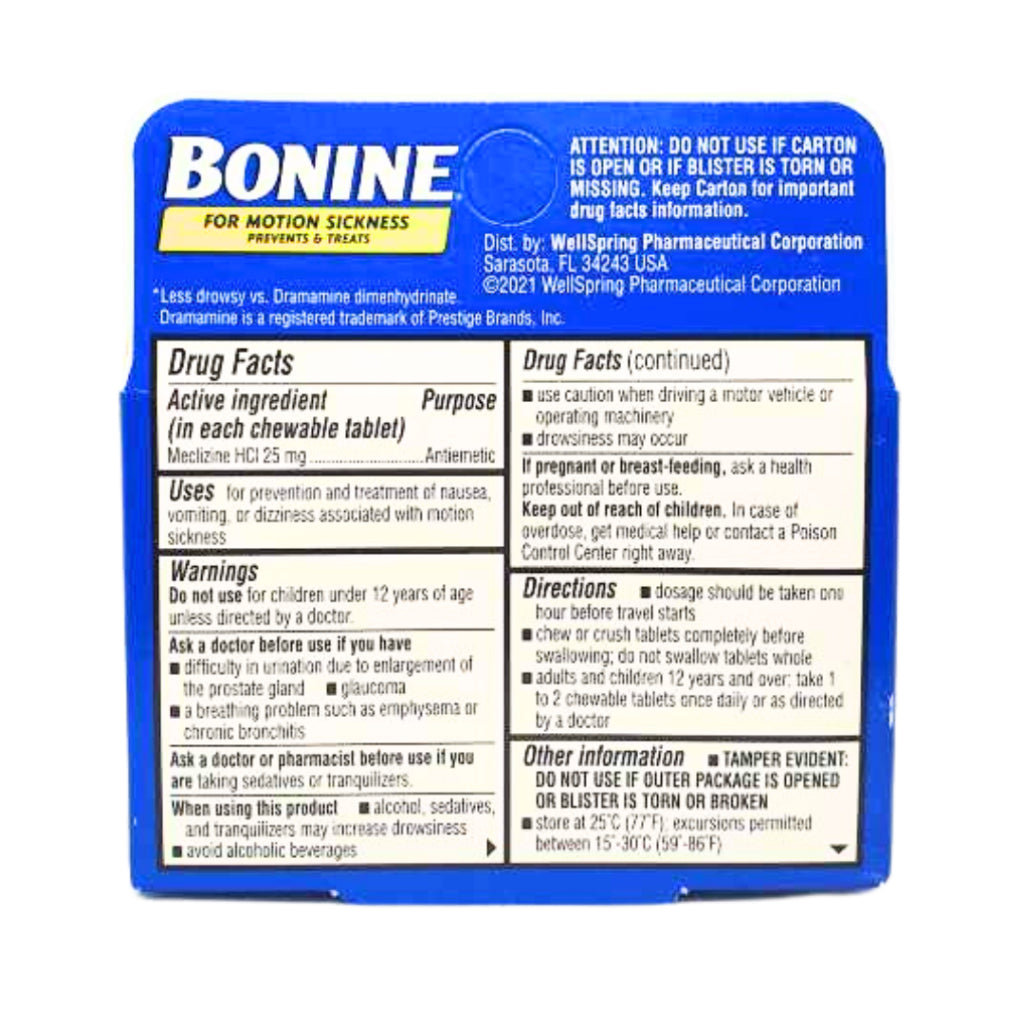Bonine Less Drowsy than Dramamine For Motion Sickness - 8 Chewable Tablets