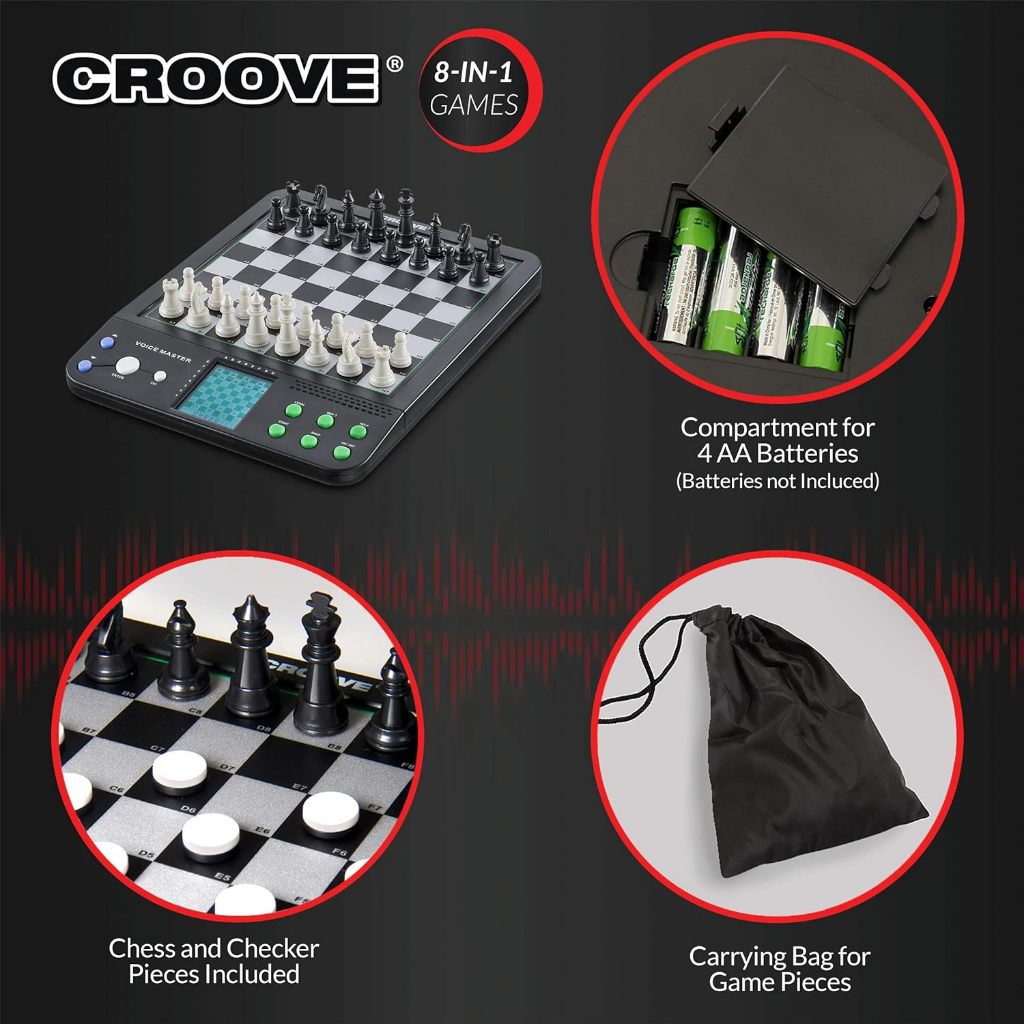 Croove Electronic Magnetic Chess and Checkers Set 10 Inch 8-in-1 Board Games Ages 8+