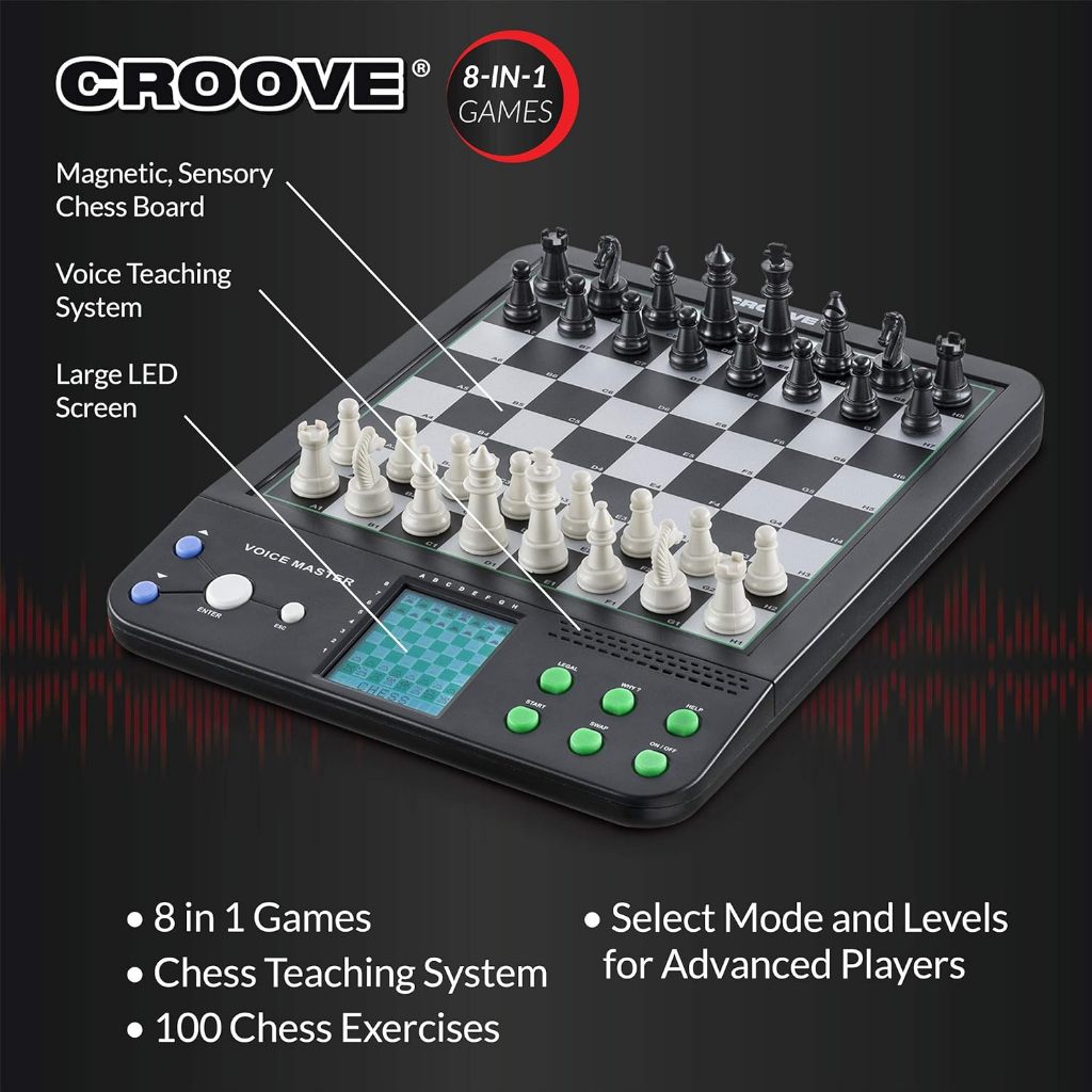 Croove Electronic Magnetic Chess and Checkers Set 10 Inch 8-in-1 Board Games Ages 8+