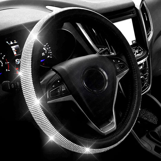 ChuLian New Diamond Leather 15 Inch Car Steering Wheel Cover With Crystal Rhinestones Black 1 Count