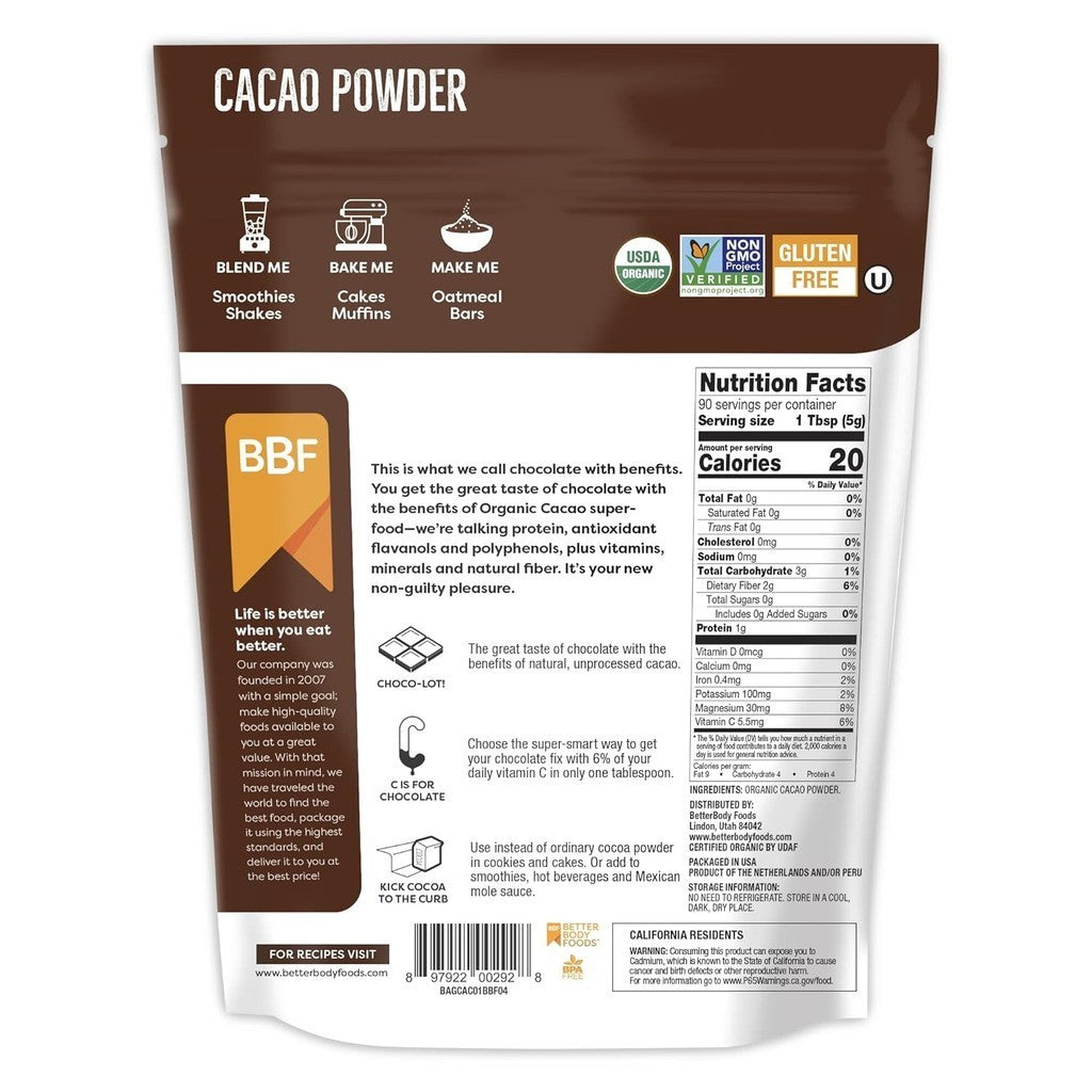 Better Body Foods Organic Cacao Powder Antioxidant Flavanols 454g / 16 oz