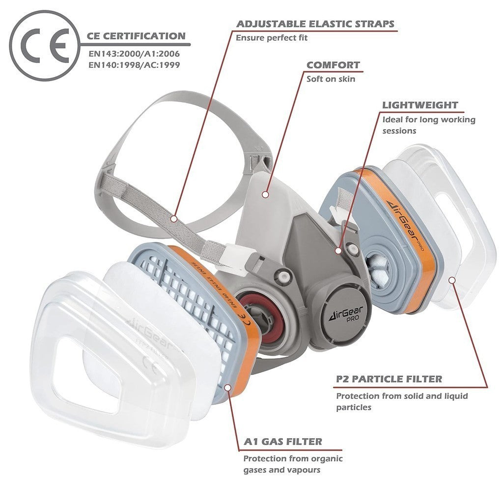 AirGear Pro Reusable Respirator Mask with A1P2 Filters (G-500) 1 Count