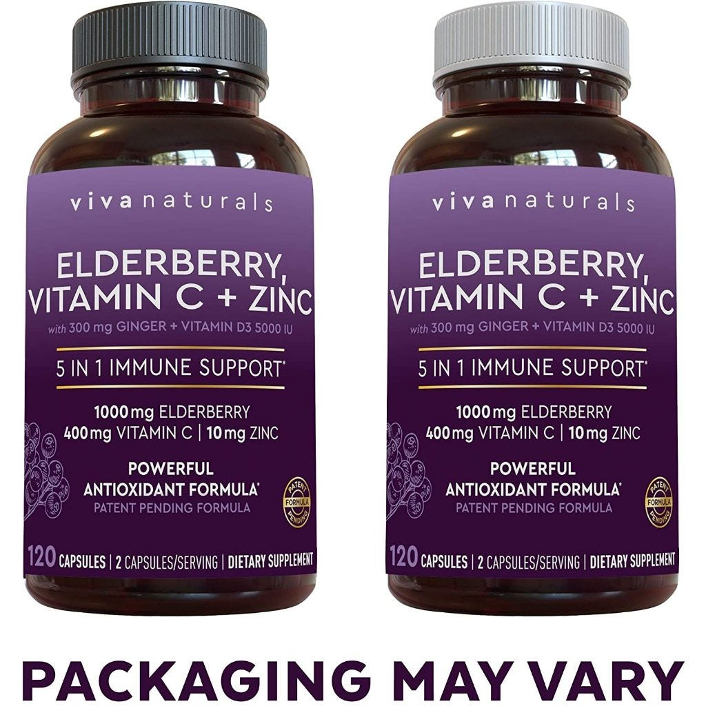 Viva Naturals Elderberry | Vitamin C + Zinc with Ginger 5 in 1 Immune Support (120 Capsules)