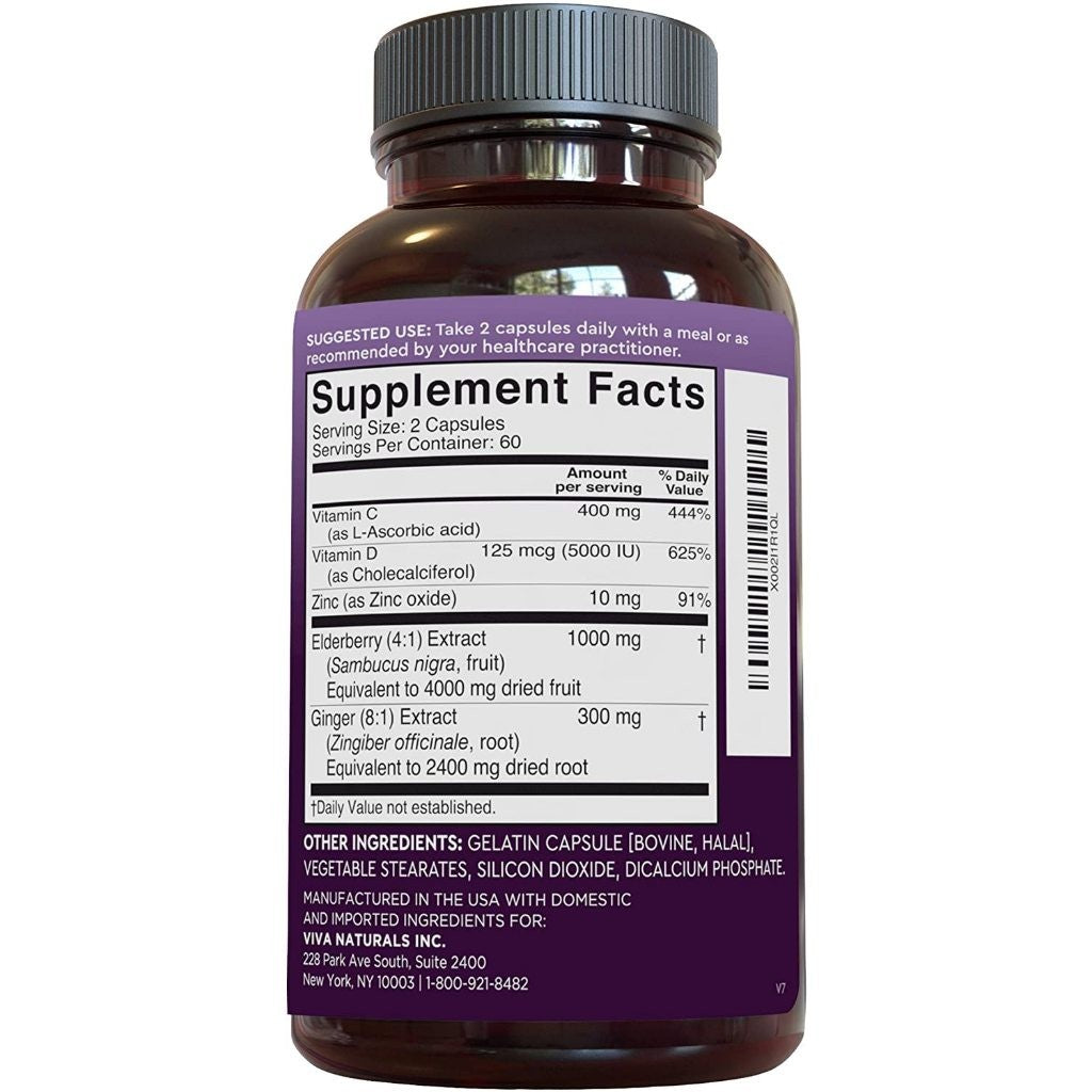 Viva Naturals Elderberry | Vitamin C + Zinc with Ginger 5 in 1 Immune Support (120 Capsules)