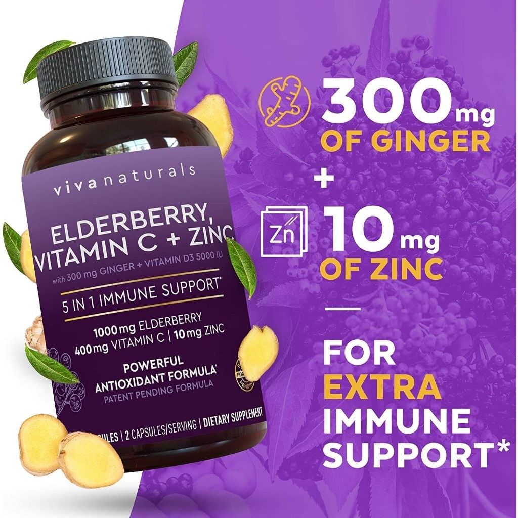 Viva Naturals Elderberry | Vitamin C + Zinc with Ginger 5 in 1 Immune Support (120 Capsules)
