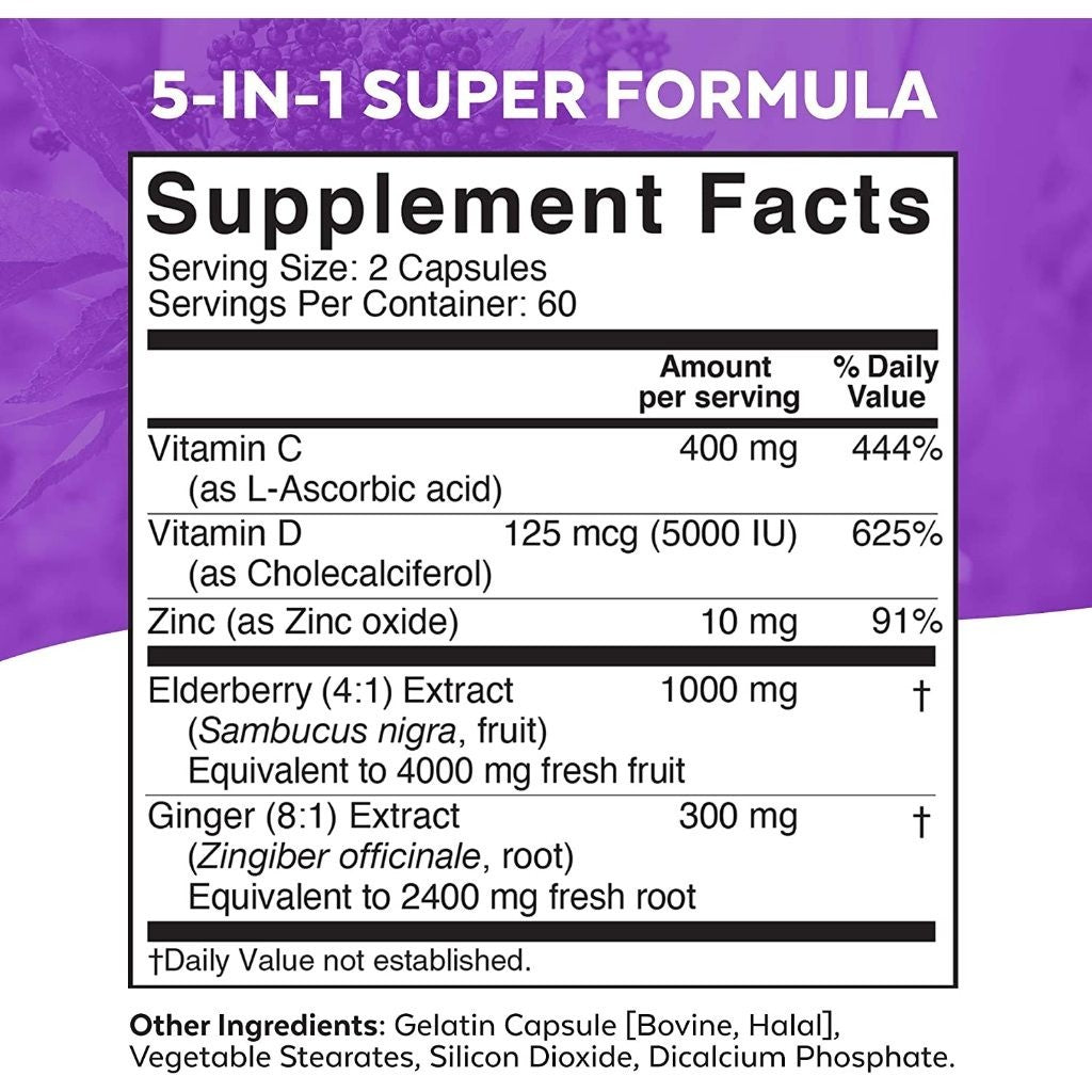 Viva Naturals Elderberry | Vitamin C + Zinc with Ginger 5 in 1 Immune Support (120 Capsules)