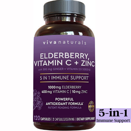 Viva Naturals Elderberry | Vitamin C + Zinc with Ginger 5 in 1 Immune Support (120 Capsules)