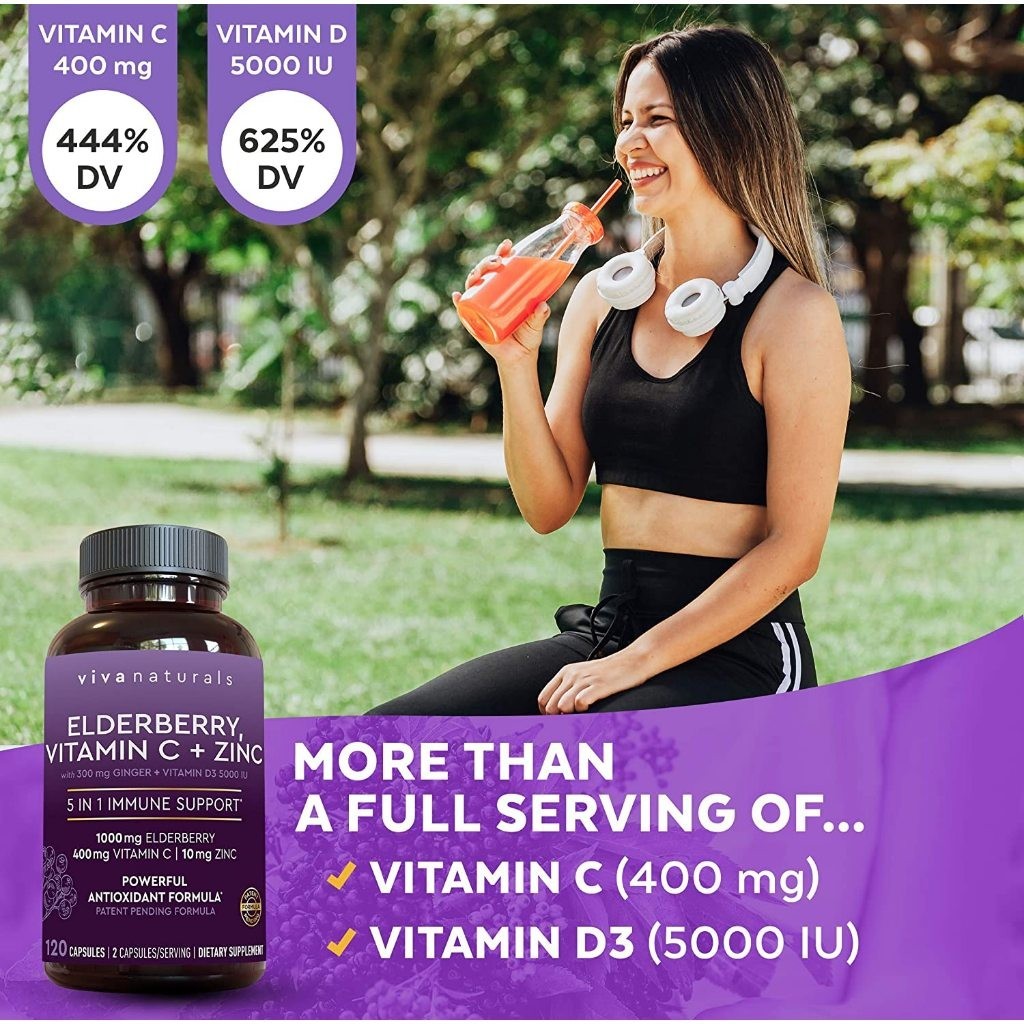 Viva Naturals Elderberry | Vitamin C + Zinc with Ginger 5 in 1 Immune Support (120 Capsules)