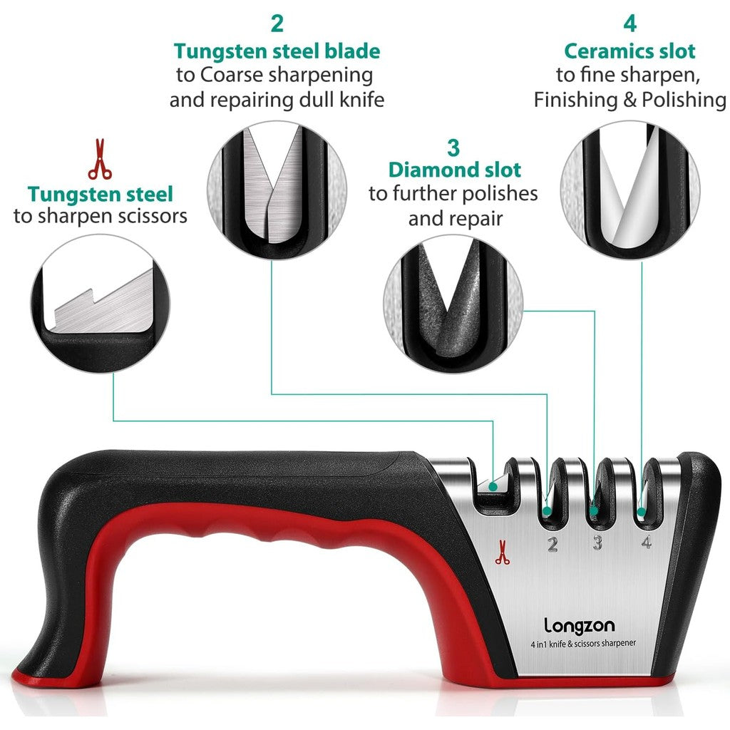 Longzon 4 in 1 Ceramic, Scissors and Steel Knives Sharpener