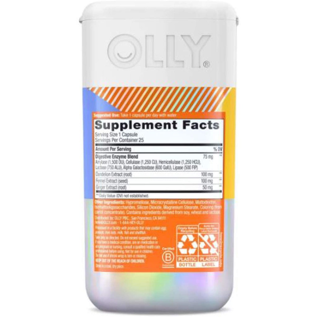 OLLY | Beat the Bloat, Blend Of Dandelion, Fennel And Ginger, (25 Capsules)