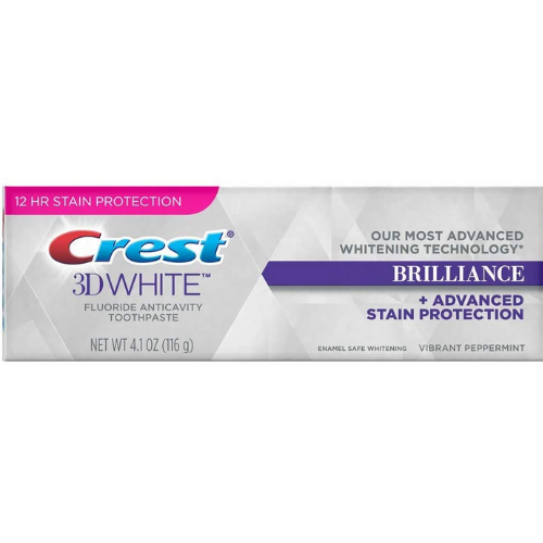 Crest 3D White Fluoride Antivacity Brilliance Toothpaste + Advanced Stain Protection, Vibrant Peppermint, 4.1 oz. / 116 g