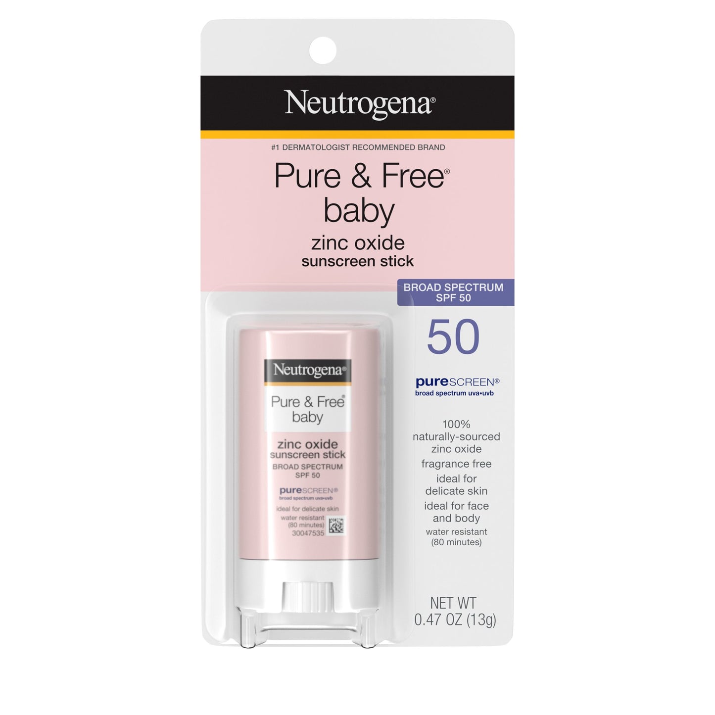 Neutrogena Pure & Free Baby Zinc Oxide Sunscreen Stick, SPF 50, 0.47 oz / 13g