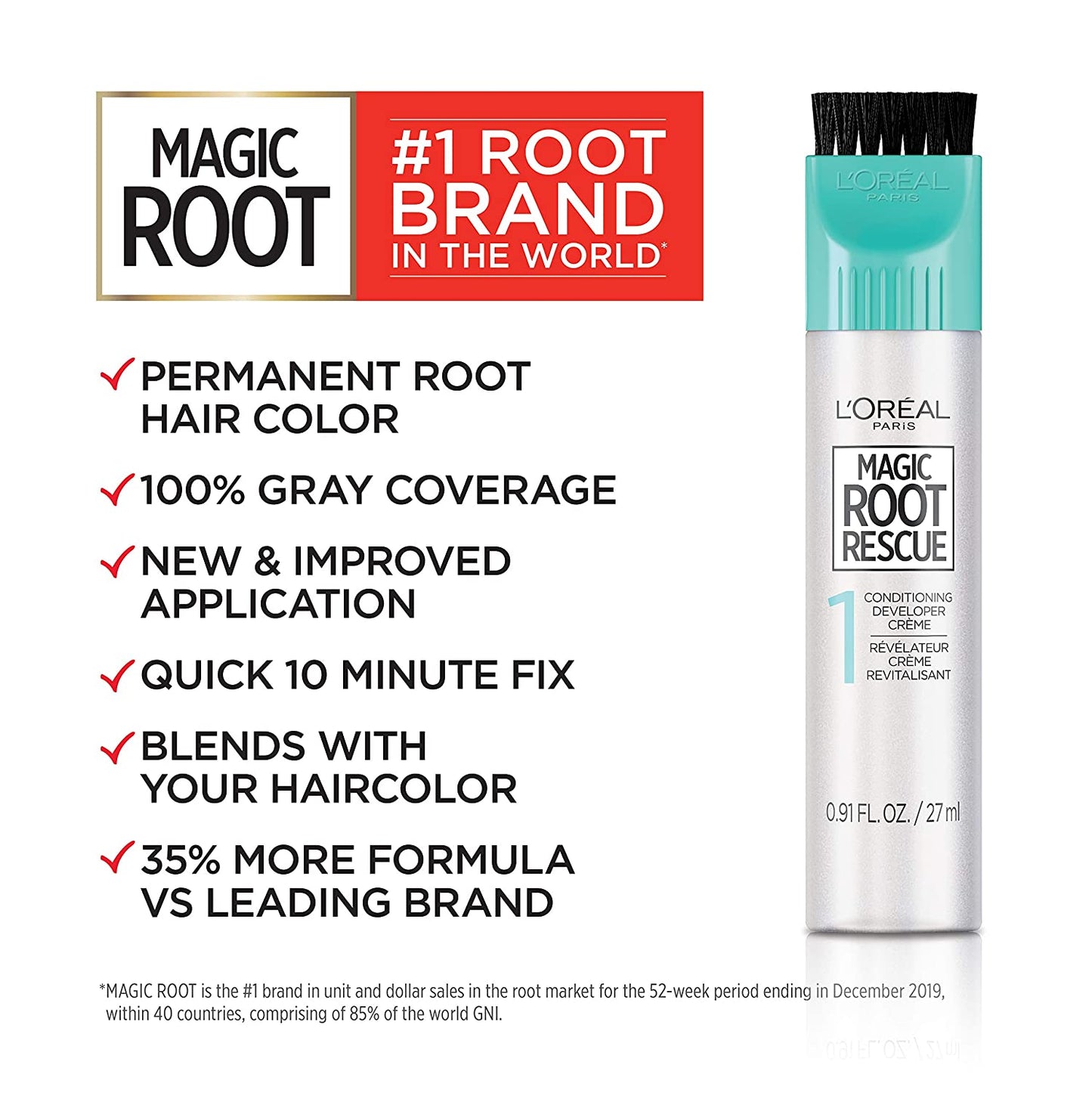L'Oreal Paris Magic Root Rescue 10 Minute Root Permanent Hair Coloring Kit with Quick Precision Applicator, 100% Gray Coverage
