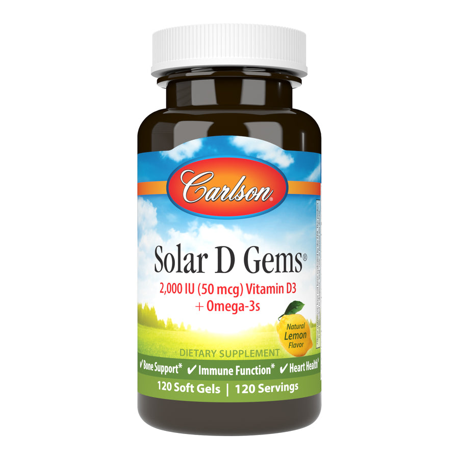 Carlson Solar D Gems 2,000 IU (50 mcg) Vitamin D3 + Omega-3s Natural Lemon Flavor 120 Soft Gels for Bone Support, Immune Function & Heart Health