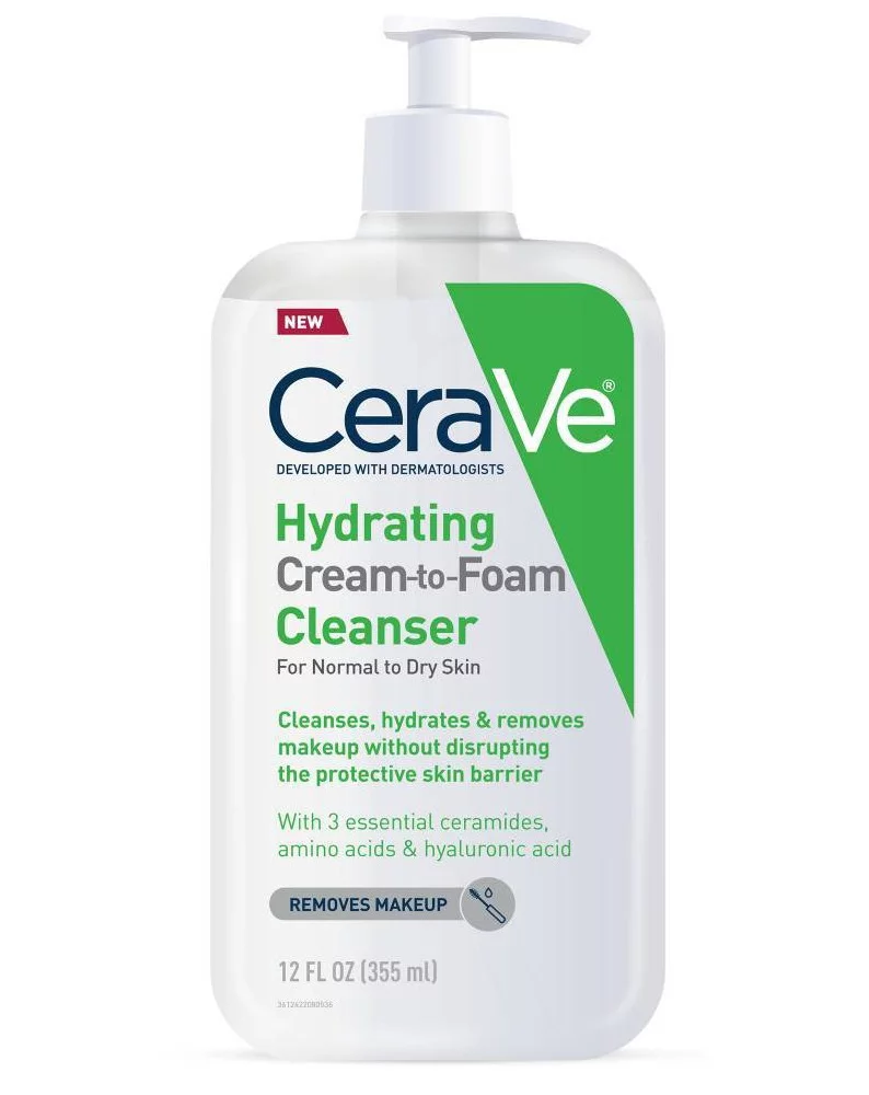 CeraVe Hydrating Cream-To-Foam Cleanser  For Normal To Dry Skin Removes Makeup 12 Fl Oz (355ml)