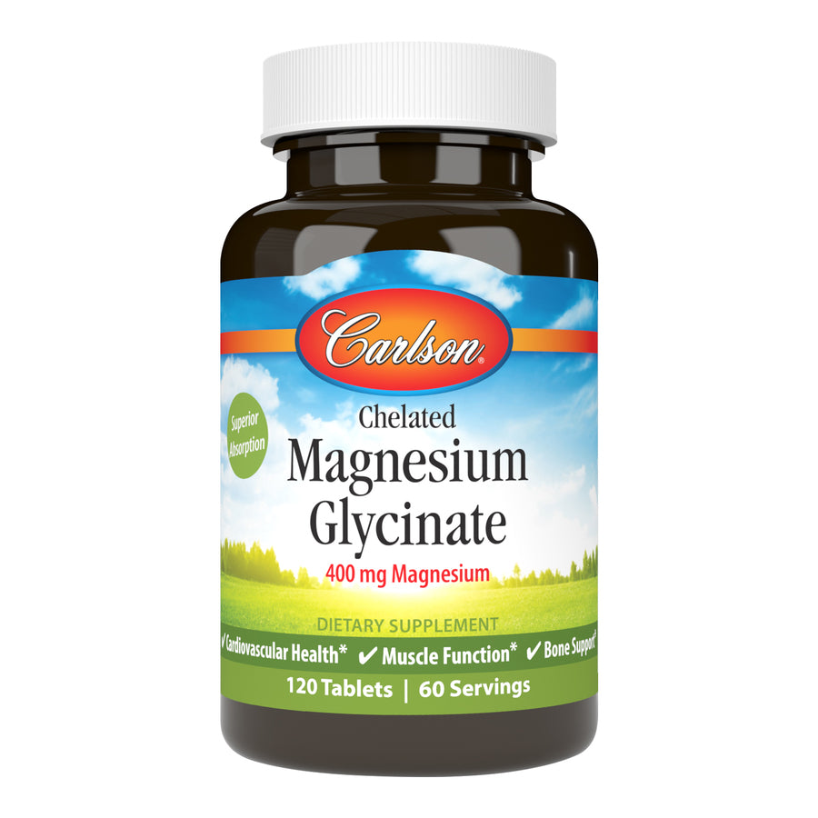 Carlson Chelated Magnesium Glycinate 400mg 120 Tablets for Cardiovascular Health, Muscle Function & Bone Support