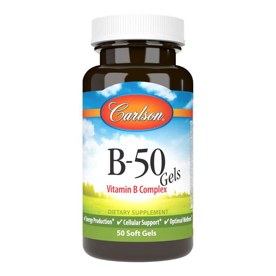 Carlson B-50 Gels Vitamin B Complex 50 Soft Gels Cellular Support, Energy Production & Optimal Wellness