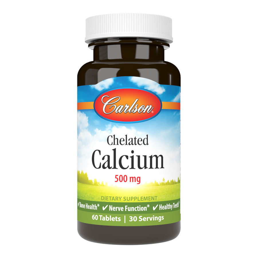 Carlson Chelated Calcium 500mg Superior Absorption 60 Tablets for Bone Health, Nerve Function & Healthy Teeth