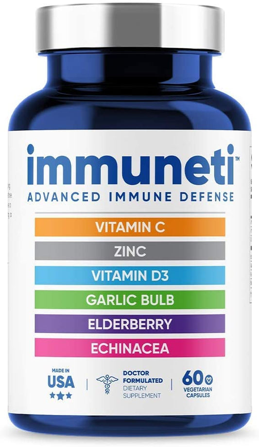 Immuneti Advanced Vitamin C, Zinc, Vitamin D3, Garlic Bulb, Elderberry, Echinacea 6-in-1 Supports Overall Health Immunity 60 Vegetarian Capsules