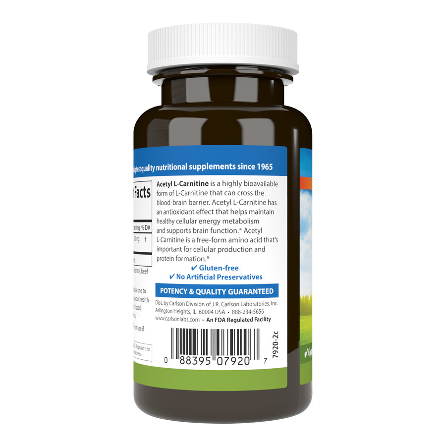 Carlson Acetyl L-Carnitine Free-Form Amino Acid 500mg 60 Capsules Cognitive Health, Brain Function & Energy Production