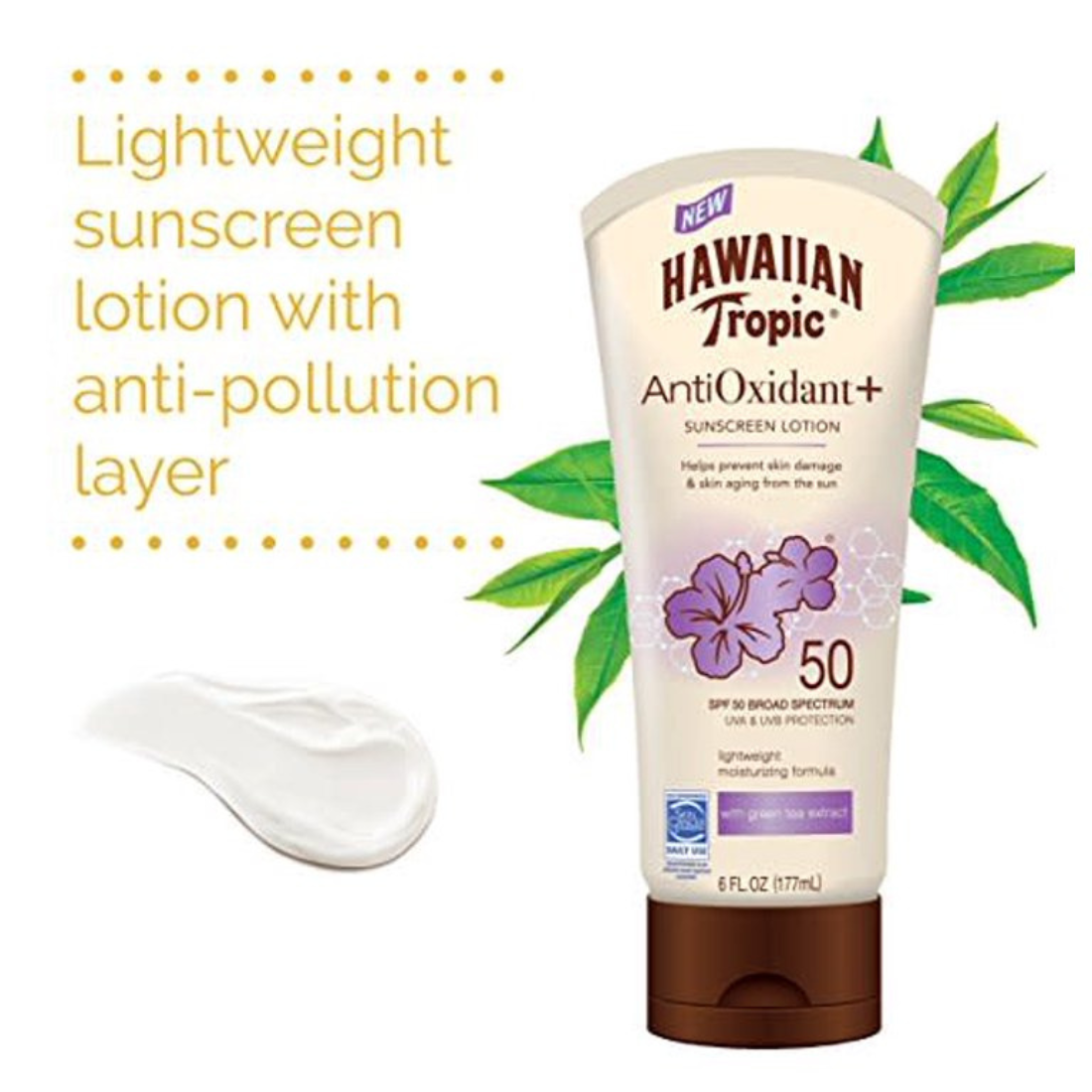 Hawaiian Tropic Antioxidant+ Sunscreen Lotion SPF 50 Broad Spectrum With Green Tea Extract 177ml