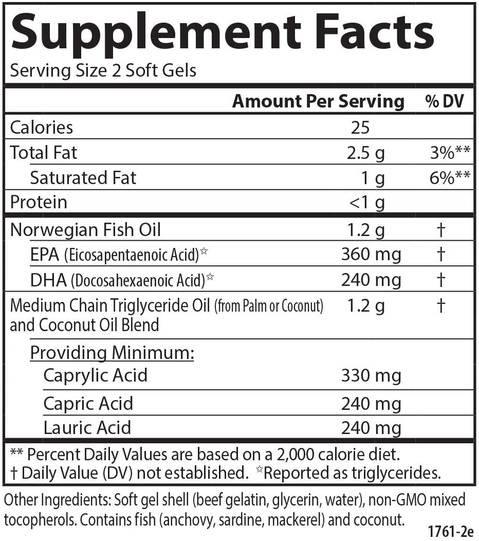 Carlson MCT & Omega-3, Coconut Oil, Caprylic & Capric Acids, EPA & DHA, Energy Production, Fat Metabolism & Brain Health, 120 Softgels
