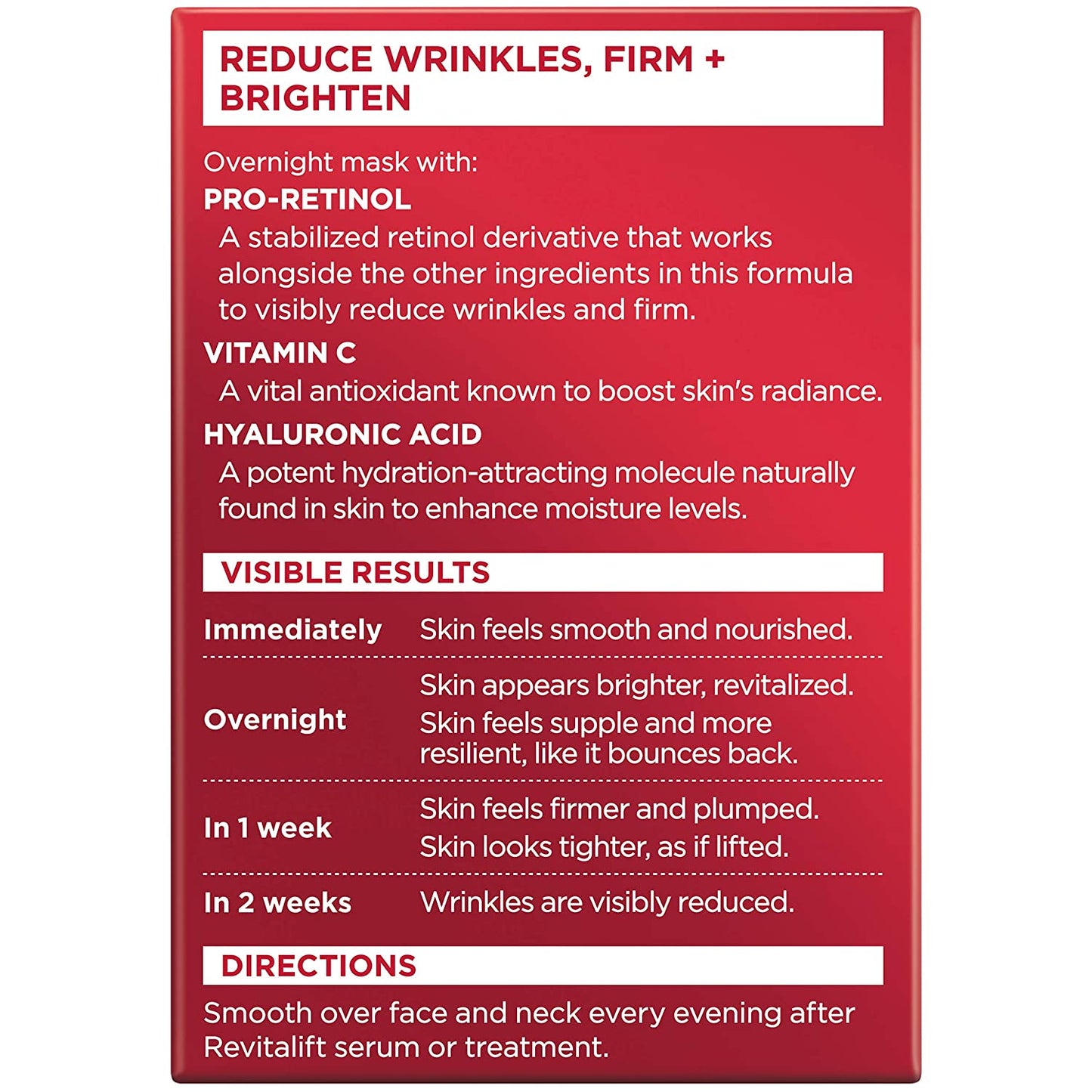 LOreal Revitalift Triple Power Intensive Overnight Face Mask with Pro Retinol, Vitamin C and Hyaluronic Acid, 1.7 oz. / 48g