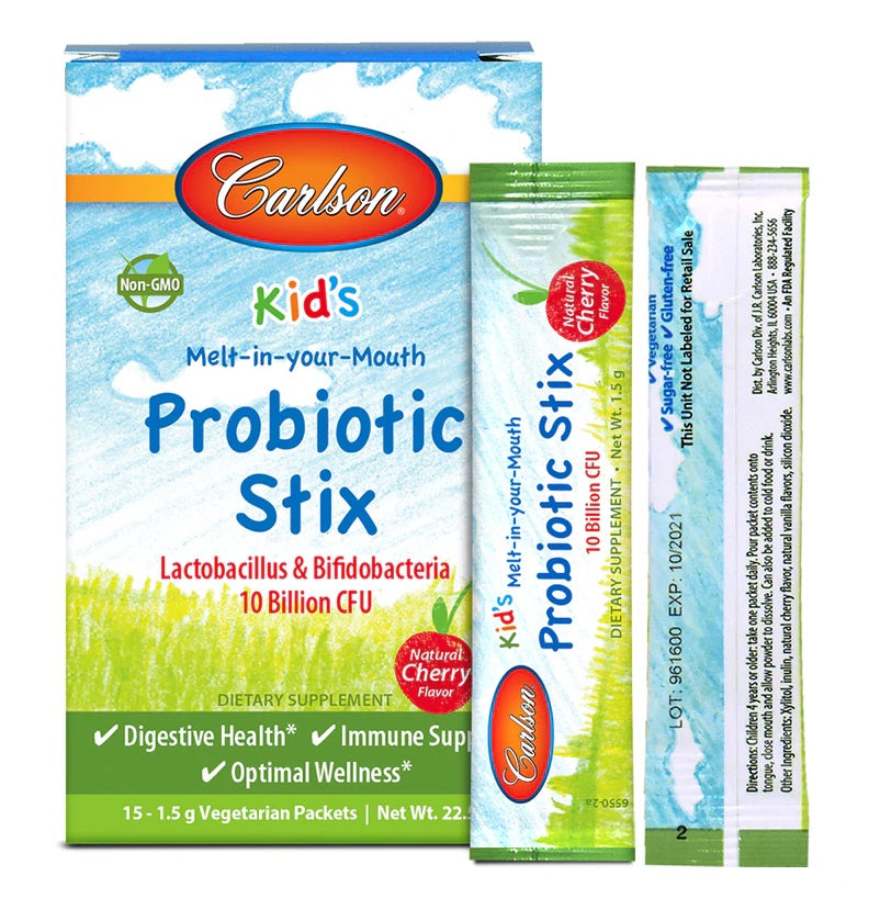 Carlson Kid's Melt in your Mouth Probiotic Stix Powder with 10 Billion CFU, Lactobacillus & Bifidobacteria, 15 Vegetarian Packets, 1.5 g Each, Natural Cherry Flavor
