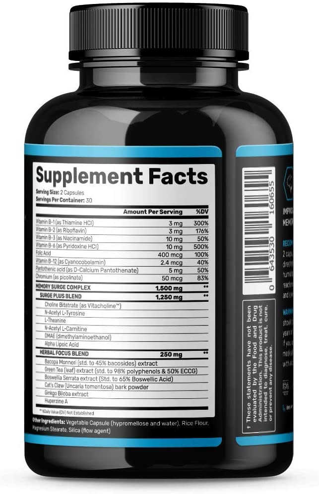 SNAP Supplement Brain Food for Memory & Focus with Bacopa Extract, Huperzine A, Vitacholine + 19 More, 60 Capsules