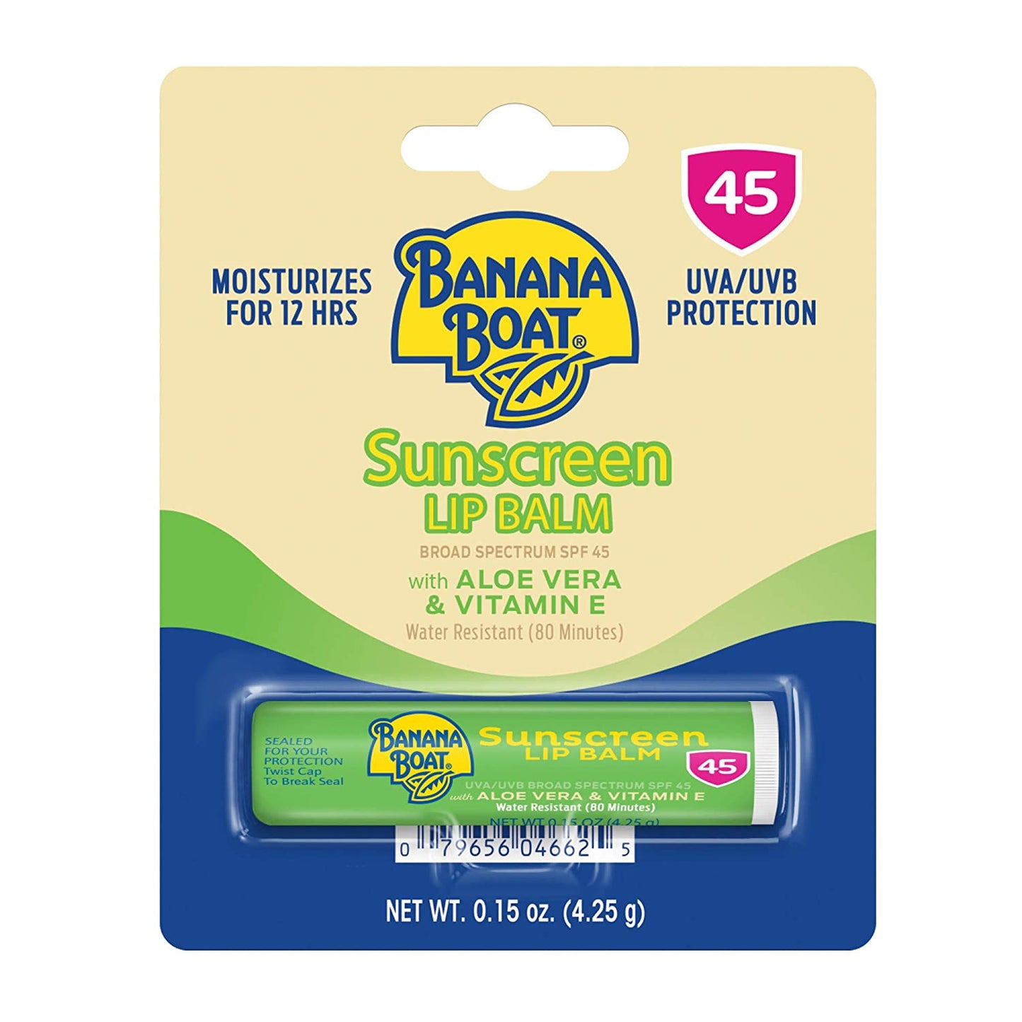 Banana Boat Sunscreen Lip Balm Broad Spectrum SPF 45 with Aloe Vera & Vitamin E 0.15 Oz