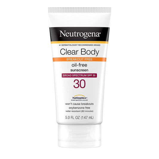 Neutrogena Clear Body Breakout-Free Oil Free Sunscreen, Broad Spectrum SPF 30, 5 fl.oz / 147 ml
