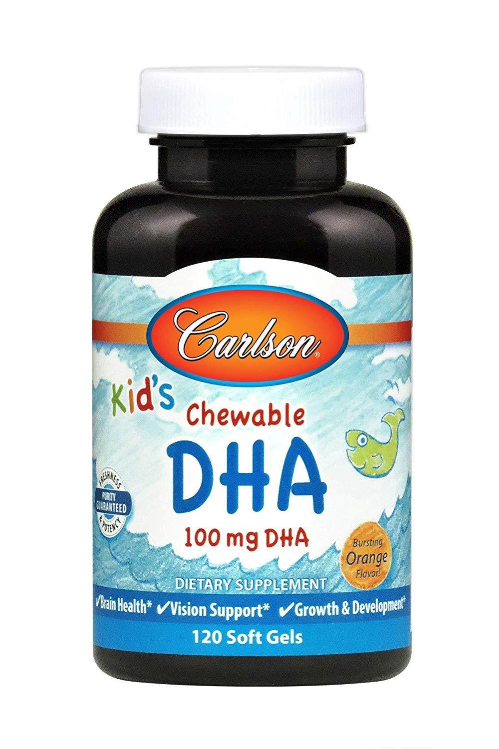 Carlson Kid's Chewable DHA Bursting Orange Flavor 100 mg 120 Softgels Brain, Vision, Growth Development