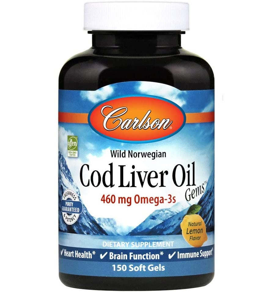 Carlson Wild Norwegian Cod Liver Oil Gems, 460 mg Omega-3s, Natural Lemon 150 Softgels