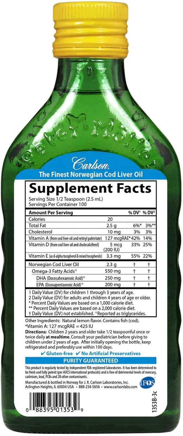Carlson Kid's Cod Liver Oil 550mg Omega 3 Vitamin A, D3, Lemon Flavor 8.4 fl oz / 250 mL