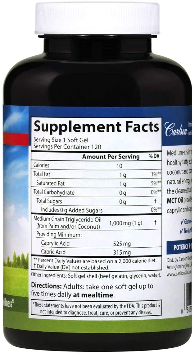 Carlson MCT Oil 120 Softgels Energy Production, Weightloss
