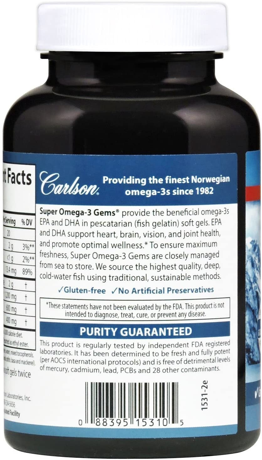 Carlson Norwegian Super Omega-3 Gems 1200 mg in Fish Gelatin 100 Softgels / 50 Servings