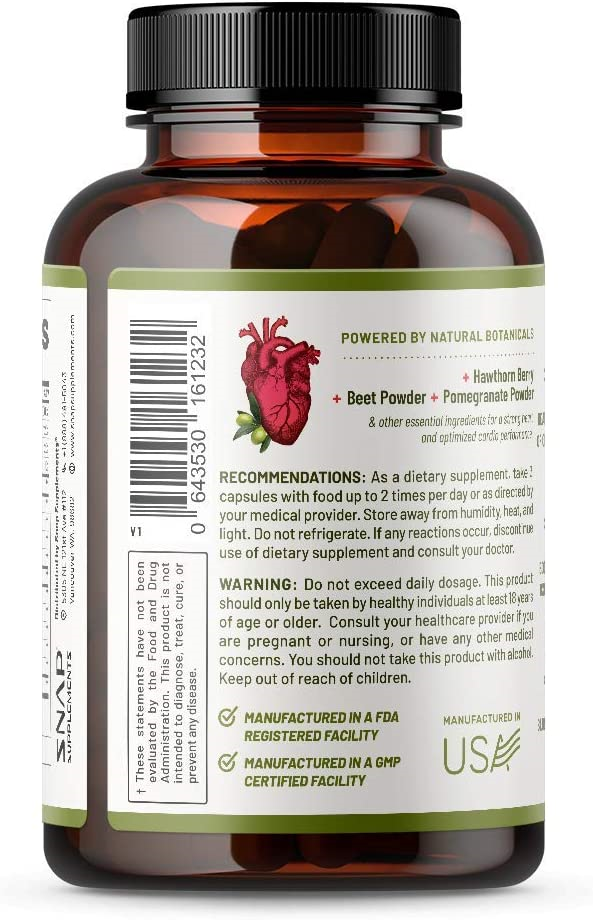 SNAP Heart Health Blood Pressure Support Dietary Supplement 90 Capsules with Blood Pressure Complex 1550 mg / Nitric Oxide Flow 260 mg / Hawthorn Berry Extract 100 mg