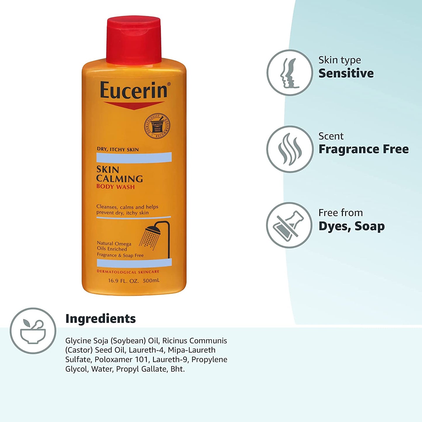 Eucerin Skin Calming Body Wash Enriched with Natural Omega Cleanses & Calms Dry, Itchy Skin, 16.9 fl.oz / 500ml