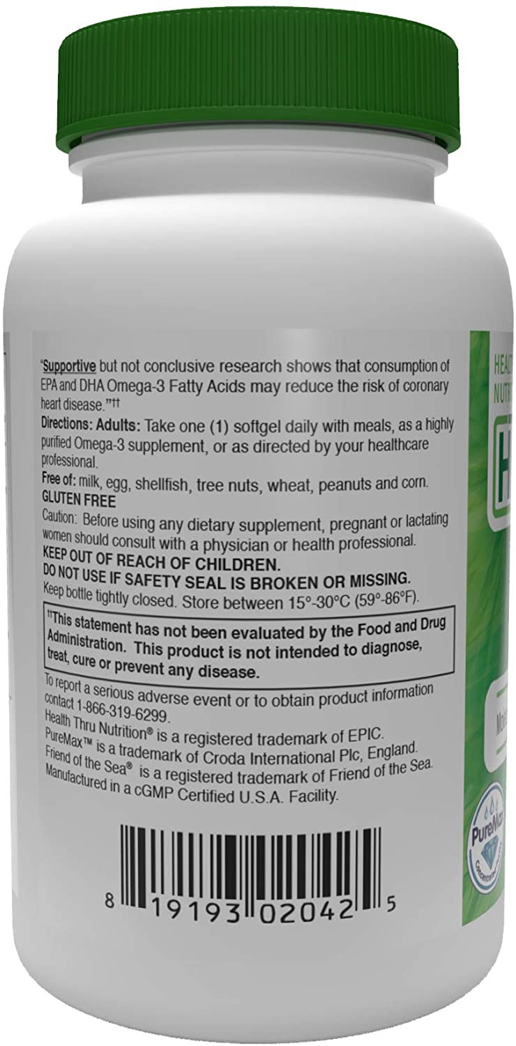 Health Thru Nutrition Omega-3 Highly Purified Premium Fish Oil 1000 mg, 60 Softgels